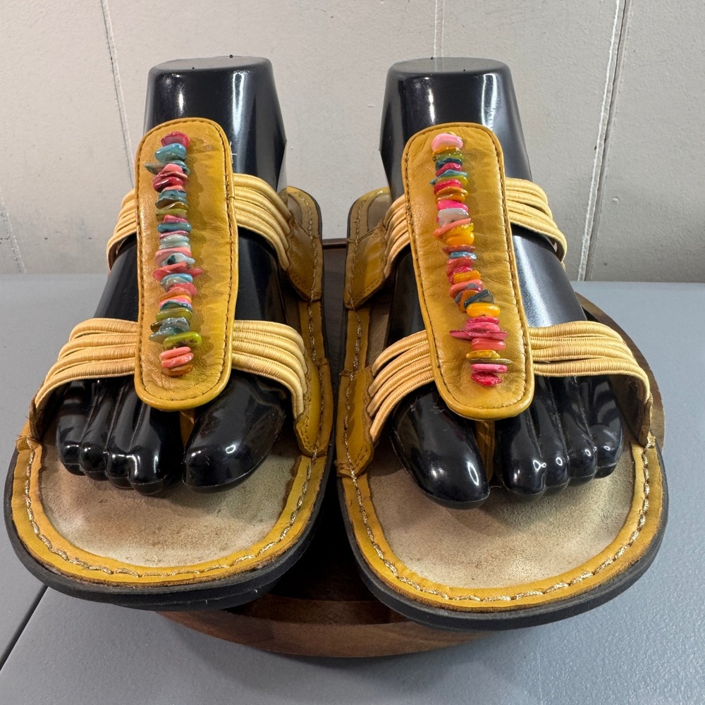 Alegria PIS-618 Slide Sandals Womens 39 Yellow Good Beaded Leather Elastic Boho - Picture 2 of 13